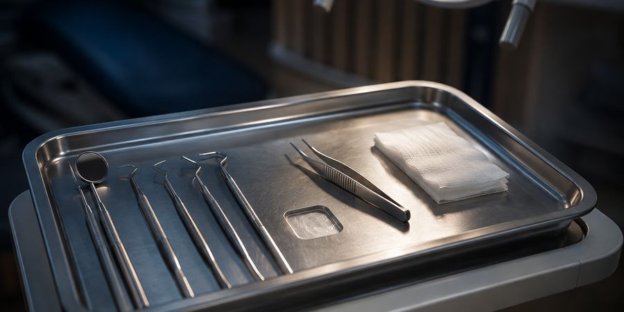 Bandeja de instrumentais odontológicos sob o refletor