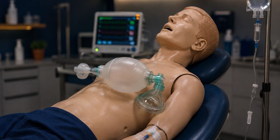 Manequim de simulação com bolsa-válvula-máscara e acesso venoso em cadeira odontológica