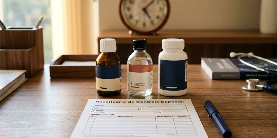 Receituário de controle especial com frascos de medicamentos