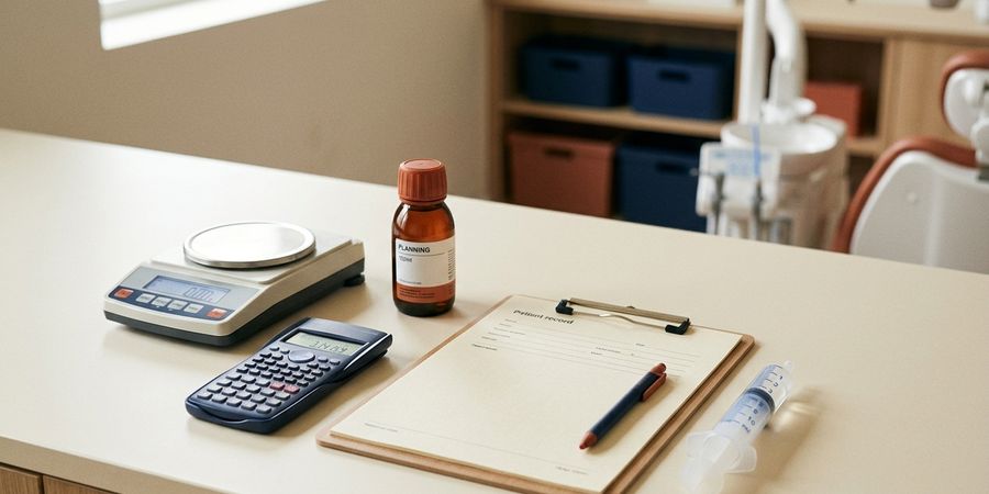Balança de precisão, calculadora e ficha clínica sobre bancada