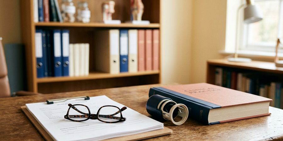 Prancheta com documentos, carimbo e livro em mesa de consultório