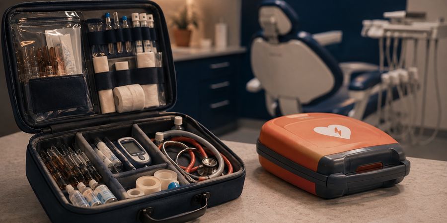 Maleta de emergência aberta com DEA ao lado em consultório odontológico